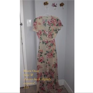 Slightly sheer tan floral print dress w/ open back